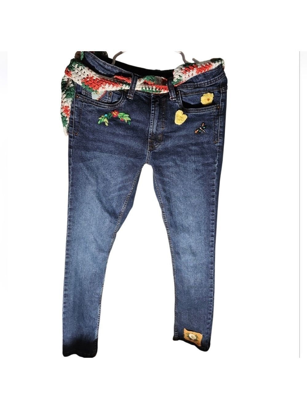 Kenneth Cole Slim Fit Upcycled Jeans 30x32 Crochet,Hand Embroidery & Grannycore
